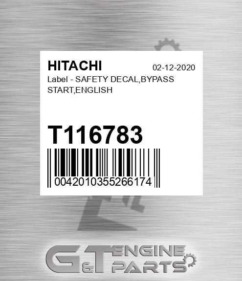 T116783 Label - SAFETY DECAL,BYPASS START,ENGLISH