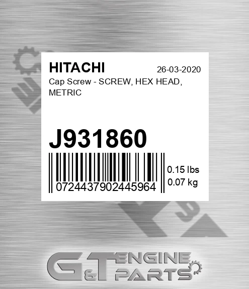 J931860 Cap Screw - SCREW, HEX HEAD, METRIC