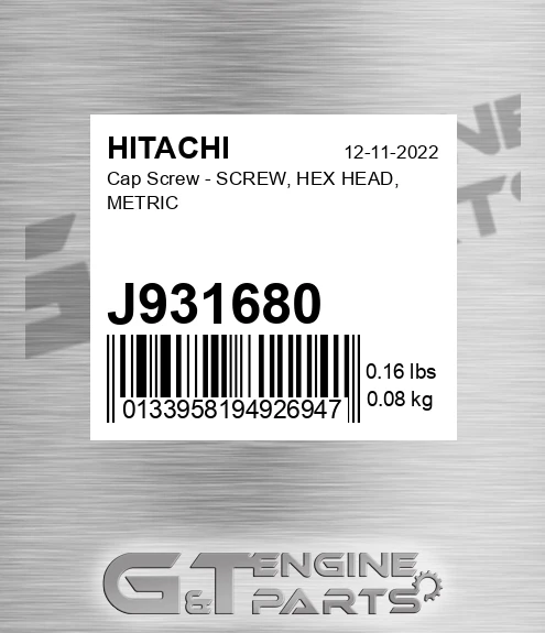 J931680 Cap Screw - SCREW, HEX HEAD, METRIC