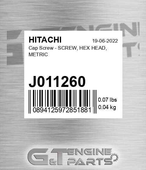 J011260 Cap Screw - SCREW, HEX HEAD, METRIC