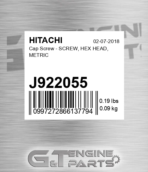 J922055 Cap Screw - SCREW, HEX HEAD, METRIC