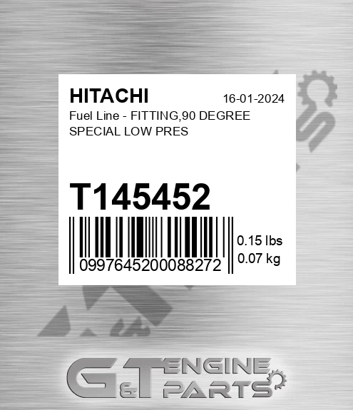 T145452 Fuel Line - FITTING,90 DEGREE SPECIAL LOW PRES