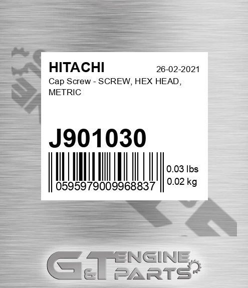 J901030 Cap Screw - SCREW, HEX HEAD, METRIC
