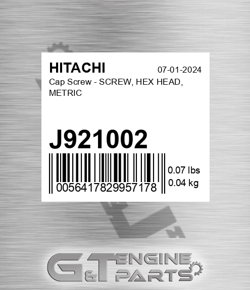 J921002 Cap Screw - SCREW, HEX HEAD, METRIC