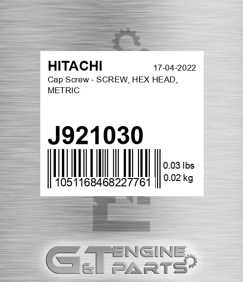 J921030 Cap Screw - SCREW, HEX HEAD, METRIC