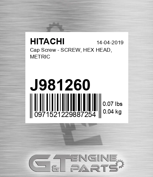 J981260 Cap Screw - SCREW, HEX HEAD, METRIC