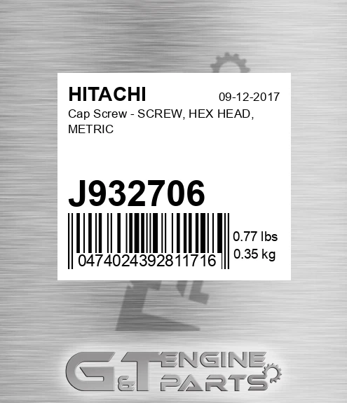 J932706 Cap Screw - SCREW, HEX HEAD, METRIC