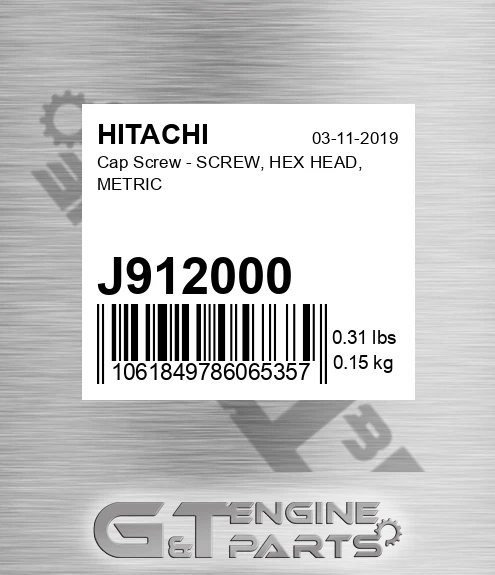 J912000 Cap Screw - SCREW, HEX HEAD, METRIC