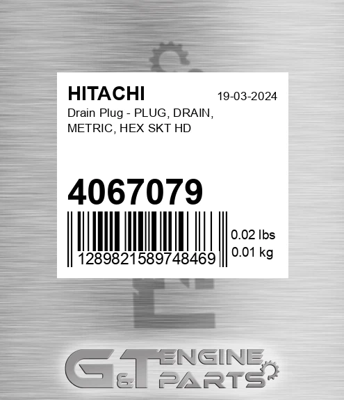4067079 Drain Plug - PLUG, DRAIN, METRIC, HEX SKT HD