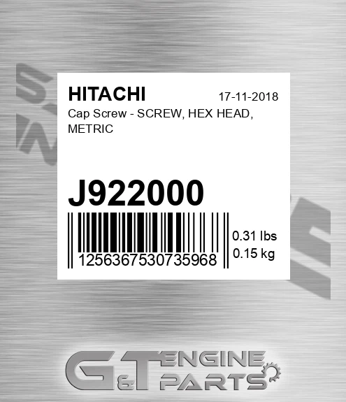 J922000 Cap Screw - SCREW, HEX HEAD, METRIC