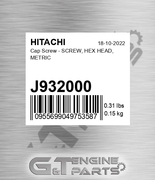 J932000 Cap Screw - SCREW, HEX HEAD, METRIC