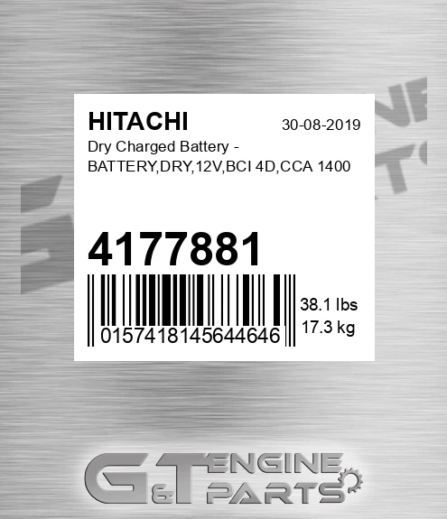 4177881 Dry Charged Battery - BATTERY,DRY,12V,BCI 4D,CCA 1400