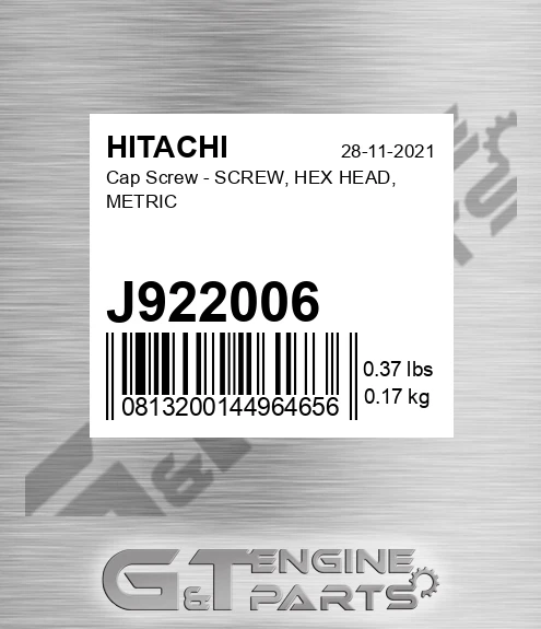 J922006 Cap Screw - SCREW, HEX HEAD, METRIC