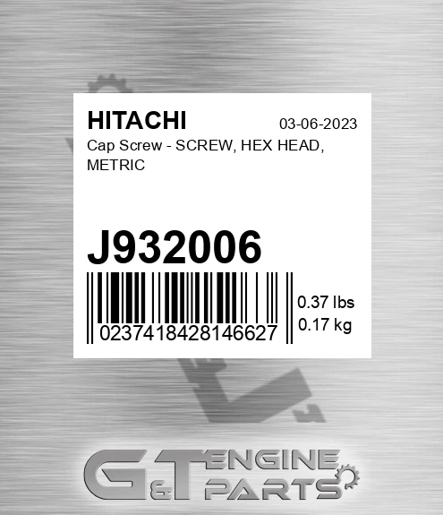 J932006 Cap Screw - SCREW, HEX HEAD, METRIC