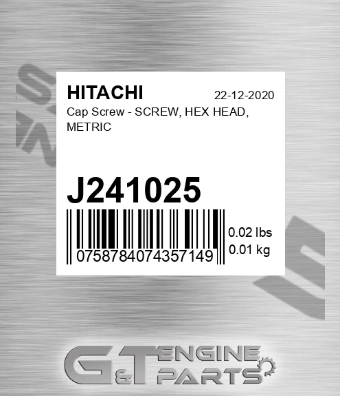 J241025 Cap Screw - SCREW, HEX HEAD, METRIC