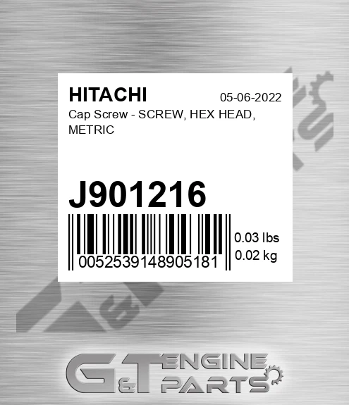 J901216 Cap Screw - SCREW, HEX HEAD, METRIC
