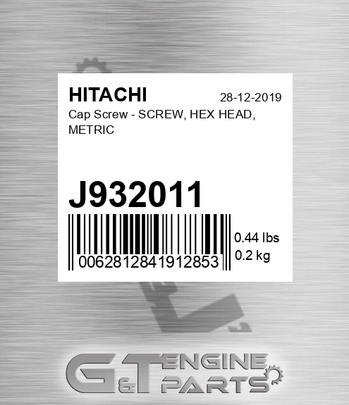 J932011 Cap Screw - SCREW, HEX HEAD, METRIC