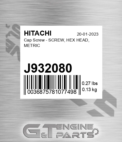 J932080 Cap Screw - SCREW, HEX HEAD, METRIC