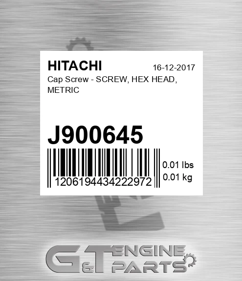 J900645 Cap Screw - SCREW, HEX HEAD, METRIC