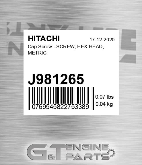 J981265 Cap Screw - SCREW, HEX HEAD, METRIC