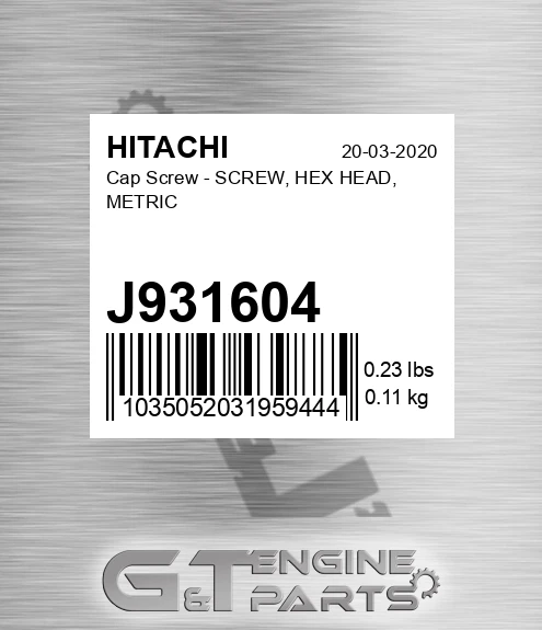 J931604 Cap Screw - SCREW, HEX HEAD, METRIC