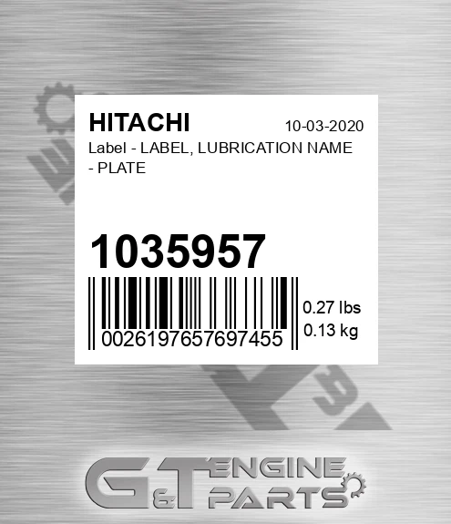 1035957 Label - LABEL, LUBRICATION NAME - PLATE