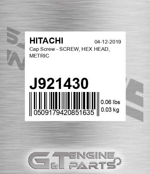 J921430 Cap Screw - SCREW, HEX HEAD, METRIC