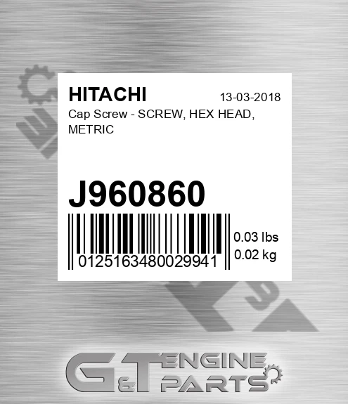 J960860 Cap Screw - SCREW, HEX HEAD, METRIC