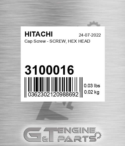 3100016 Cap Screw - SCREW, HEX HEAD
