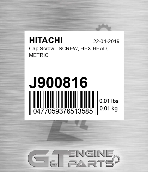 J900816 Cap Screw - SCREW, HEX HEAD, METRIC