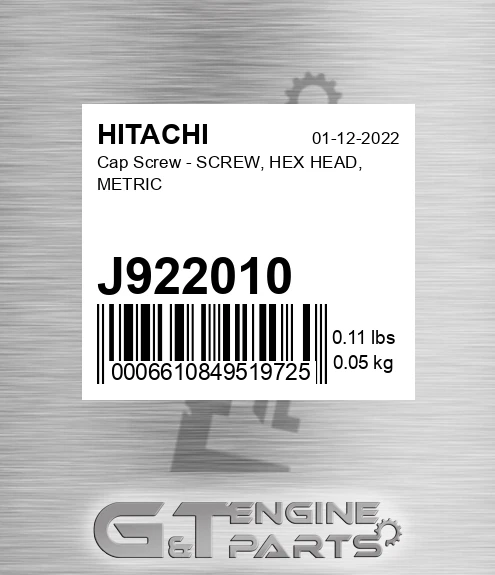 J922010 Cap Screw - SCREW, HEX HEAD, METRIC