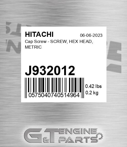 J932012 Cap Screw - SCREW, HEX HEAD, METRIC