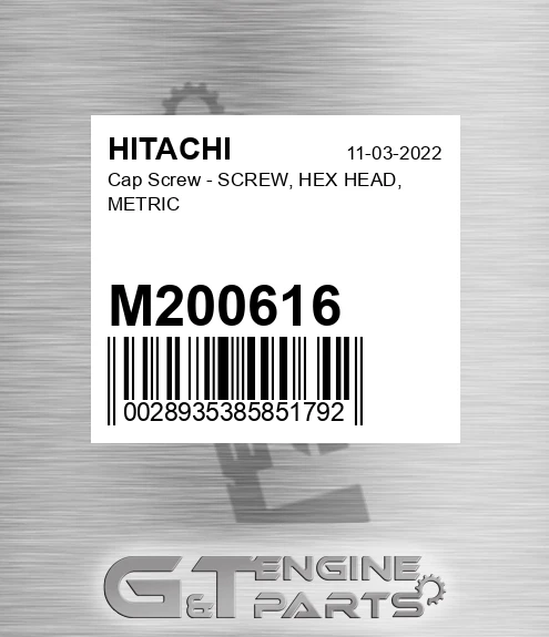 M200616 Cap Screw - SCREW, HEX HEAD, METRIC