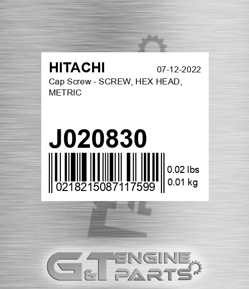 J020830 Cap Screw - SCREW, HEX HEAD, METRIC
