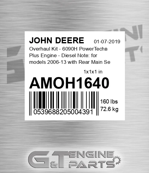 AMOH1640 Overhaul Kit - 6090H PowerTechв Plus Engine - Diesel Note: for models 2006-13 with Rear Main Seals - Camshaft Plug