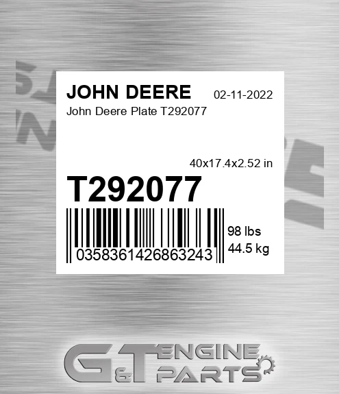 T292077 John Deere Plate T292077