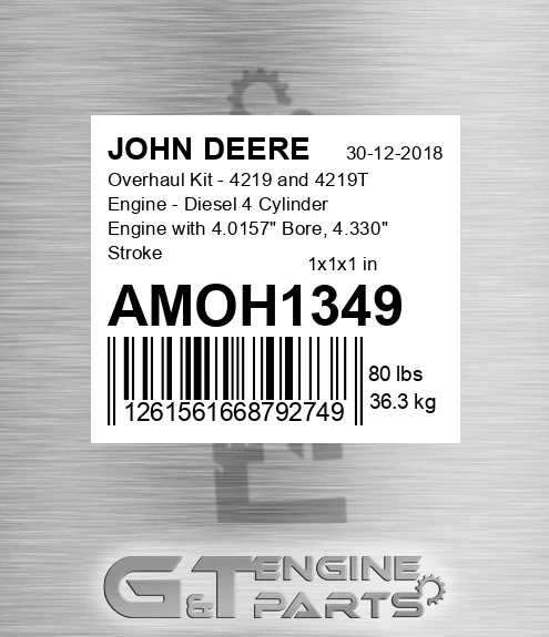 AMOH1349 Overhaul Kit - 4219 and 4219T Engine - Diesel 4 Cylinder Engine with 4.0157" Bore, 4.330" Stroke, Late, Rear Crankshaft Seals