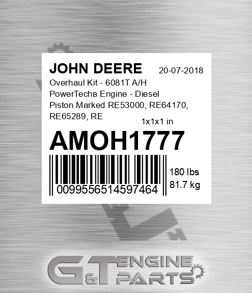 AMOH1777 Overhaul Kit - 6081T A/H PowerTechв Engine - Diesel Piston Marked RE53000, RE64170, RE65289, RE70688, RE502656 - Thrust /Washers - Camshaft Bearing - Camshaft Plug