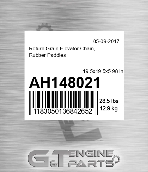 AH148021 Return Grain Elevator Chain, Rubber Paddles