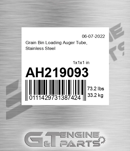 AH219093 Grain Bin Loading Auger Tube, Stainless Steel
