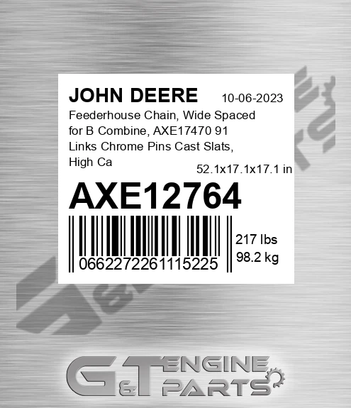 AXE12764 Feederhouse Chain, Wide Spaced for В Combine, AXE17470 91 Links Chrome Pins Cast Slats, High Capacity 23.75"
