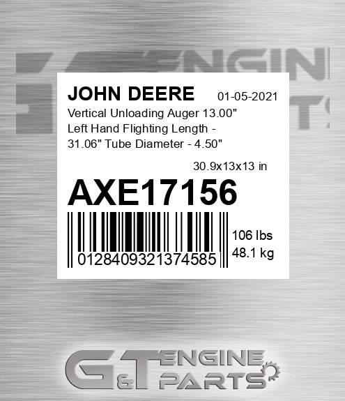AXE17156 Vertical Unloading Auger 13.00" Left Hand Flighting Length - 31.06" Tube Diameter - 4.50"