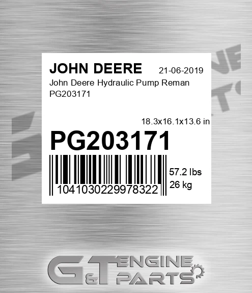 PG203171 John Deere Hydraulic Pump Reman PG203171
