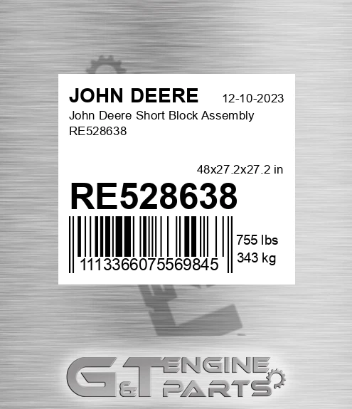 RE528638 John Deere Short Block Assembly RE528638