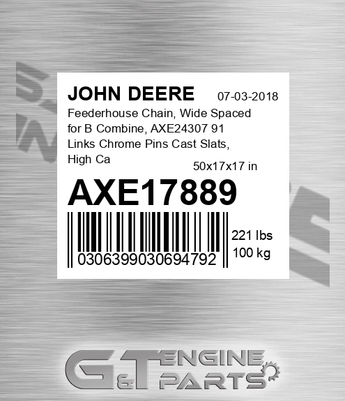AXE17889 Feederhouse Chain, Wide Spaced for В Combine, AXE24307 91 Links Chrome Pins Cast Slats, High Capacity 21.625"