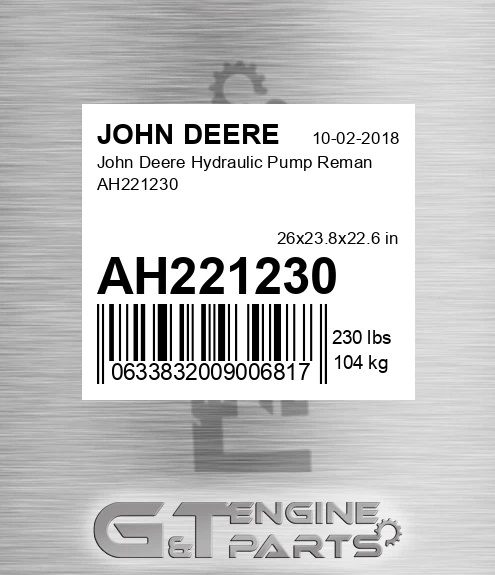 AH221230 John Deere Hydraulic Pump Reman AH221230