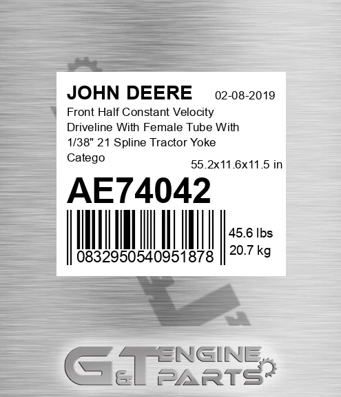 AE74042 Front Half Constant Velocity Driveline With Female Tube With 1/38" 21 Spline Tractor Yoke Category 5 35 Series 1000 RPM