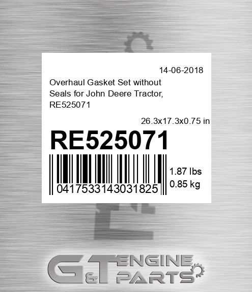 RE525071 Overhaul Gasket Set without Seals for Tractor,