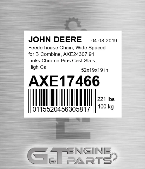 AXE17466 Feederhouse Chain, Wide Spaced for В Combine, AXE24307 91 Links Chrome Pins Cast Slats, High Capacity 21.625"