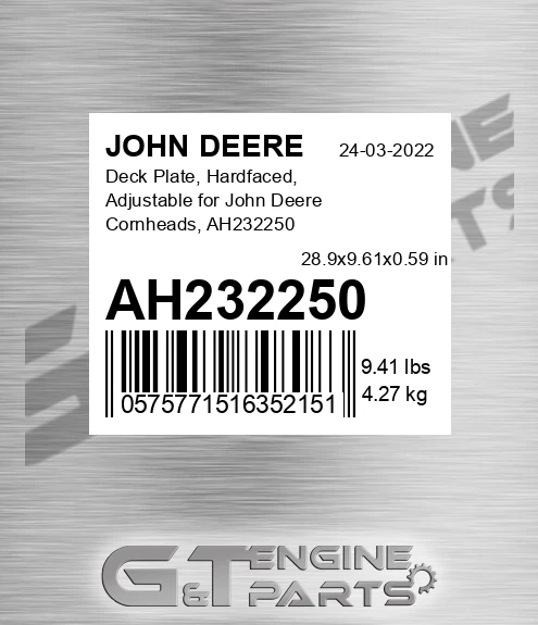 AH232250 Deck Plate, Hardfaced, Adjustable for Cornheads,